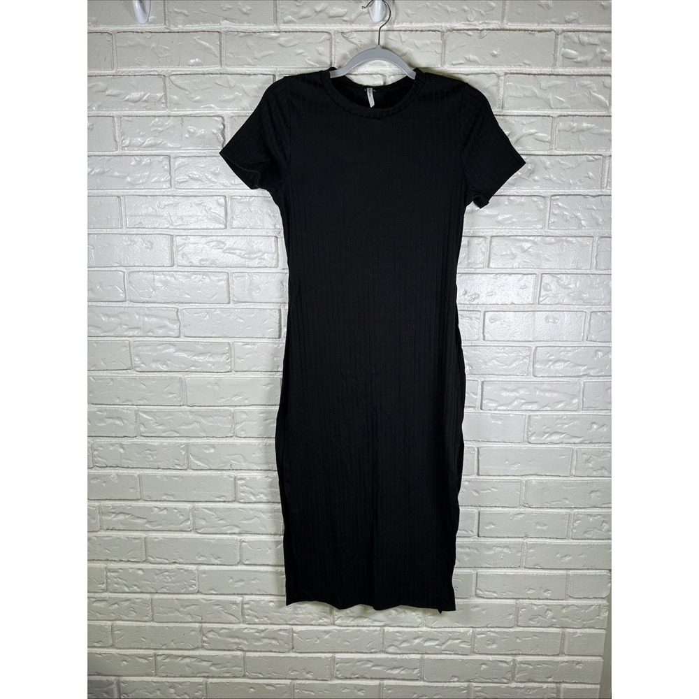 Yellow Cabbage S/M Ribbed Black Midi Dress Bodycon High Slit Minimalist